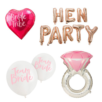 A silver ring balloon and a gold hen party balloon.