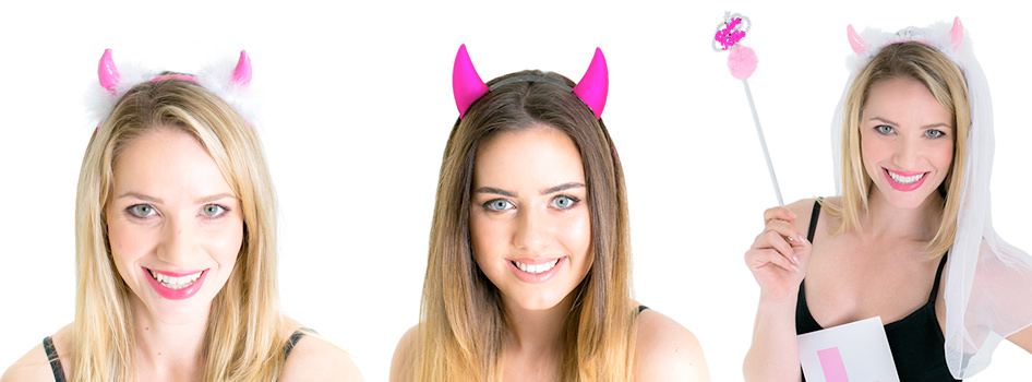 Three models, all wearing a different type of devil horn.