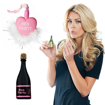 A model blowing bubbles from a champagne bottle, also some heart bubbles.