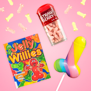 A selection of hen party foods including lollies and willy sweets,.
