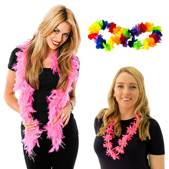 Three of our selection, pink boas and Hawaiian Leis