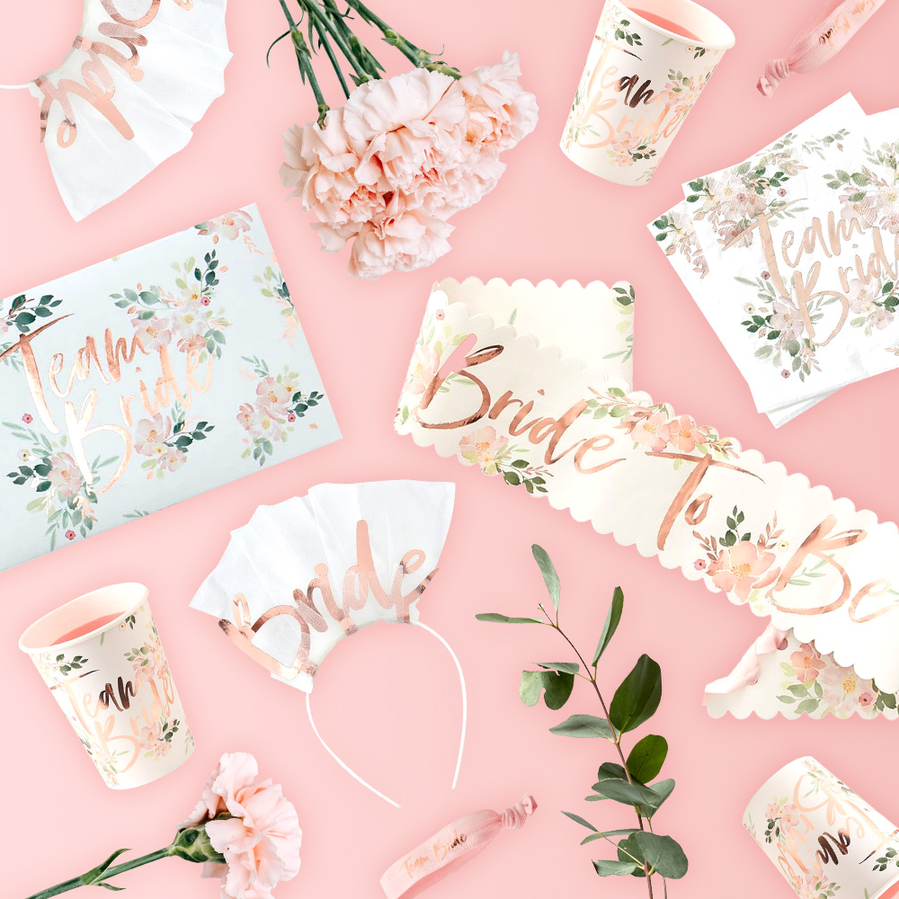 Rose gold foil team bride collection complete with photo booth props.