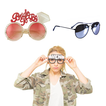 A model wearing the hen party glasses, also a pair of shades and some bride to be ones.