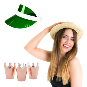 A model wearing a straw boater along with a golf visor and some crowns