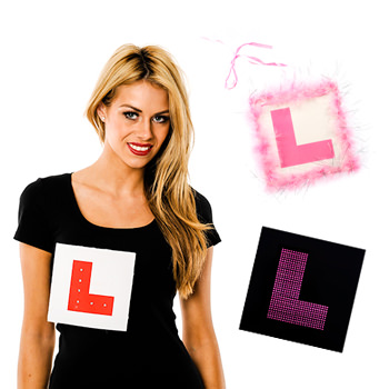 A model wearing a red l plate and also a pink one and a black one.