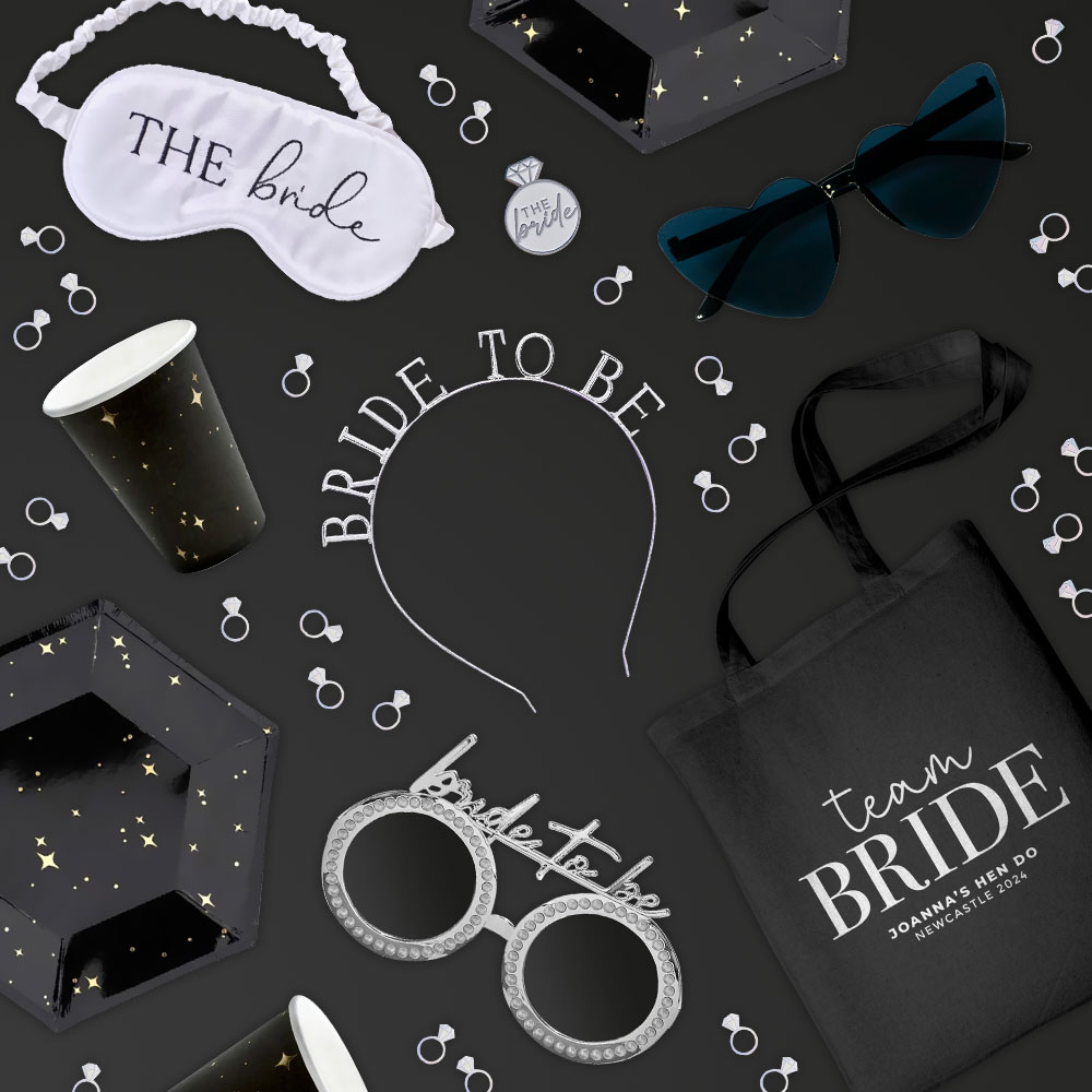 The selection of monochrome hen do products including glasses and tote bags.