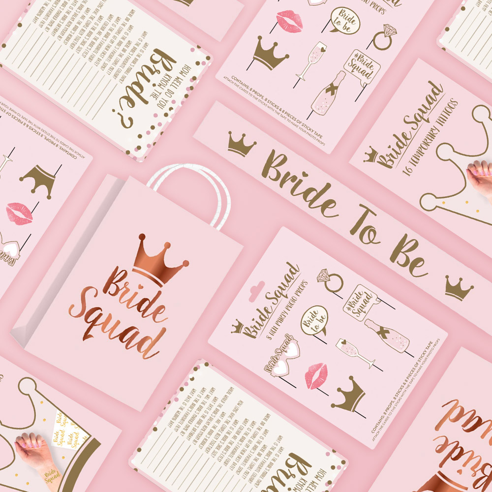 Pink bride squad collection, gift bags, sashes and more in pink with gold foil