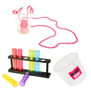 A rack of test tube shot glasses along with a glass on a necklace.