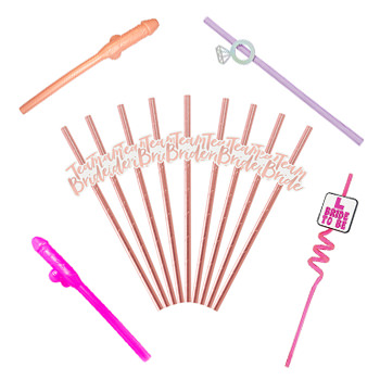 A selection of hen party drinking straws, willy straws and rose gold team bride versions.