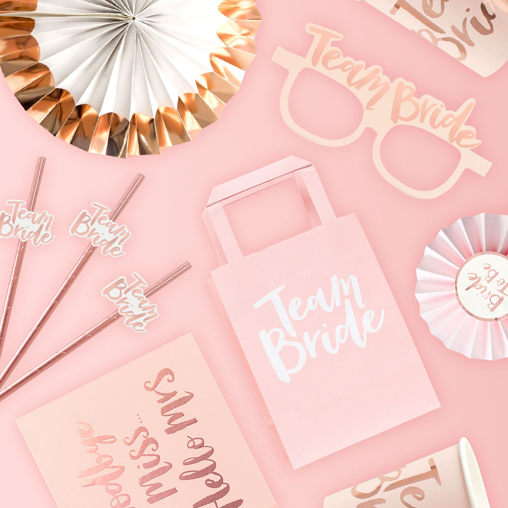 Team bride products including badges, sashes and gift bags.