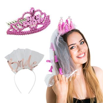 A model wearing a pink tiara along with two other versions.