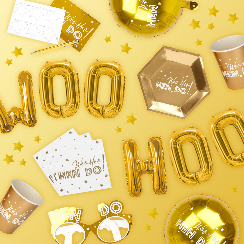 Metallic gold Woo Hoo Hen Do collection, balloons, glasses and more.