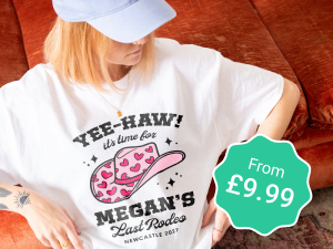 a woman wearing a custom hen do t-shirt with a woman on it with the label from £9.99