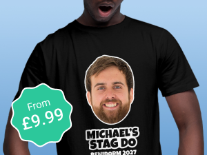 a man wearing a custom stag do t shirt with a man on it with the label from £9.99