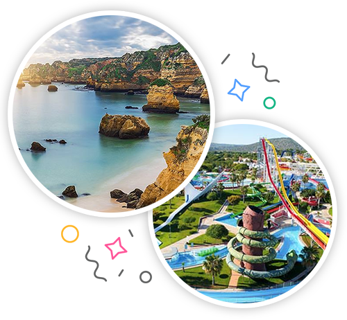 A view of the Algarve coast and a waterpark with lots of colourful slides embedded within a party themed introduction image to stag activities in Algarve