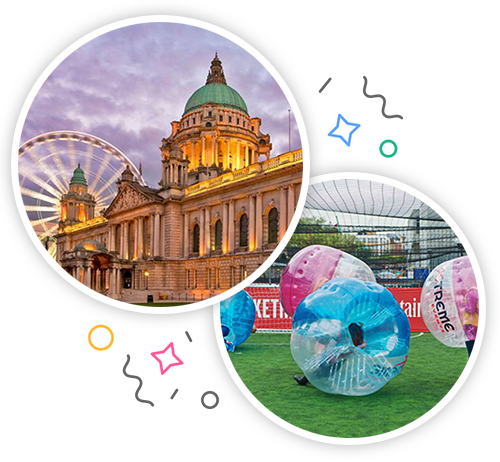 Belfast city hall at dusk and a group of lads playing bubble football embedded within a party themed introduction image to stag activities in Belfast