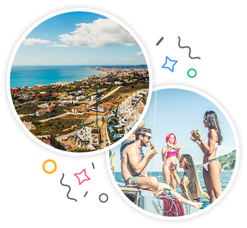 A view of the coast of Benalmadena and a mixed gender group on a yacht eating watermelon embedded within a party themed introduction image to hen activities in Benalmadena