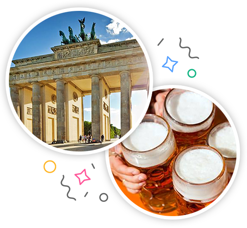 The Brandenburg Gate and a close up of four steins of beer embedded within a party themed introduction image to stag activities in Berlin