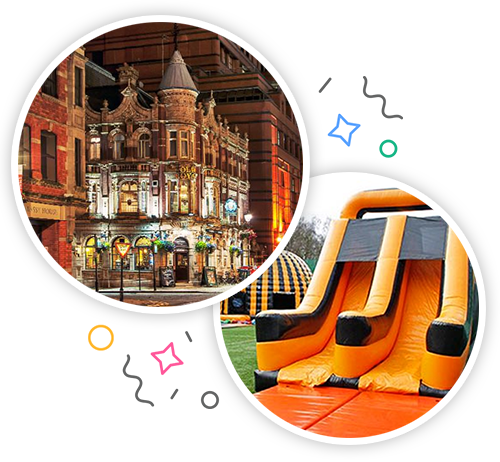 Birmingham lit up at night and an inflatable slide embedded within a party themed introduction image to stag activities in Birmingham