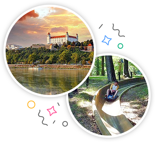 The skyline of Bratislava and a man riding a toboggan embedded within a party themed introduction image to stag activities in Bratislava