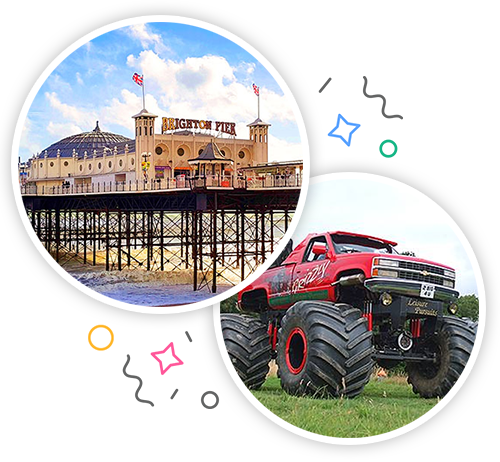 Brighton Pier in the daytime and a red monster truck with huge wheels embedded within a party themed introduction image to stag activities in Brighton