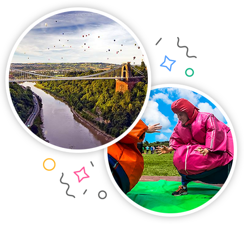 Clifton suspension bridge, with lots of hot air balloons in the background, and two men wrestling each other in inflatable suits embedded within a party themed introduction image to stag activities in Bristol