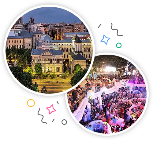 Buildings in the middle of Bucharest at dusk and a busy looking nightclub, with a mezzanine balcony, embedded within a party themed introduction image to stag activities in Bucharest