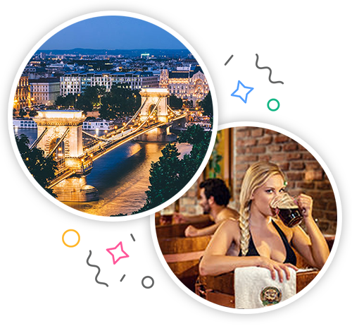  The Széchenyi Chain Bridge and an attractive blonde woman sat in a hot tub with a pint of beer embedded within a party themed introduction image to stag activities in Budapest