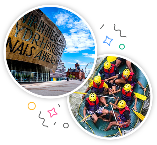 The outside of the Millennium Centre and a group of men taking part in white water rafting embedded within a party themed introduction image to stag activities in Cardiff