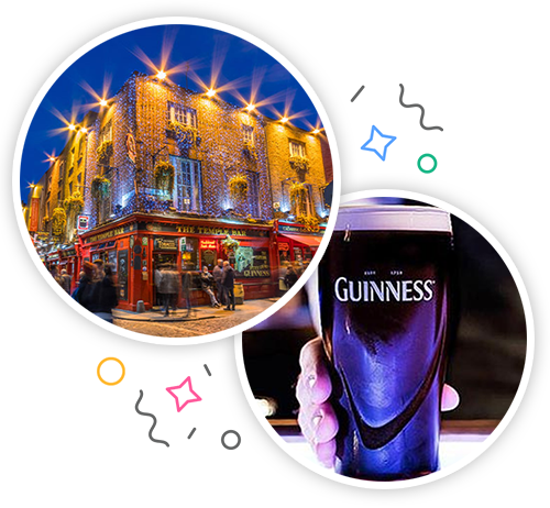 Temple Bar and a pint of Guinness embedded within a party themed introduction image to stag activities in Dublin