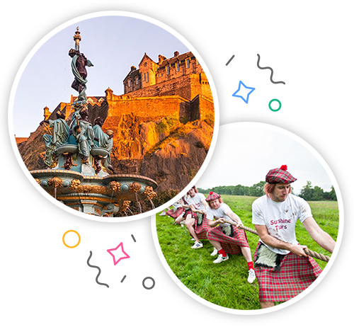Edinburgh Castle and some men taking part in a tug of war in kilts embedded within a party themed introduction image to stag activities in Edinburgh