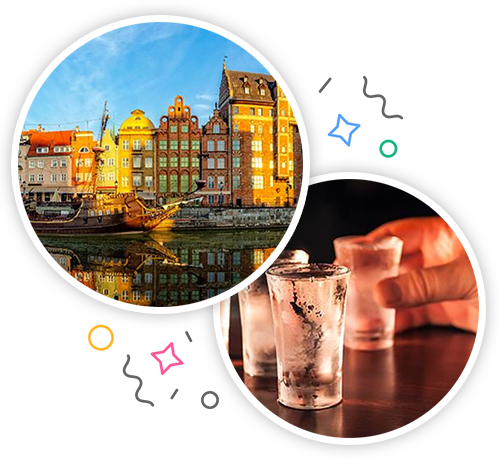 A pirate ship in front of pretty coloured houses and a close up of some shots embedded within a party themed introduction image to stag activities in Gdansk