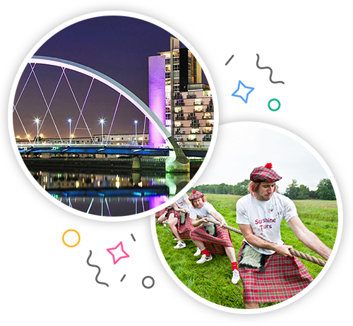 A bridge in Glasgow at night and several men taking part in a Scottish tug of war wearing tartan embedded within a party themed introduction image to stag activities in Glasgow