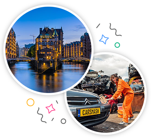 A city view of Hamburg in the evening and a woman smashing up a car embedded within a party themed introduction image to stag activities in Hamburg