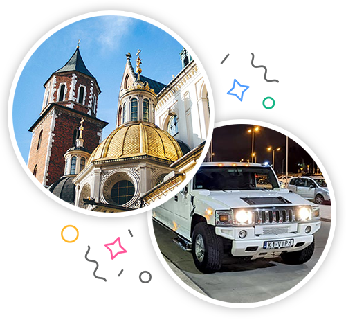 The top half of some pretty Polish buildings and a hummer embedded within a party themed introduction image to stag activities in Krakow