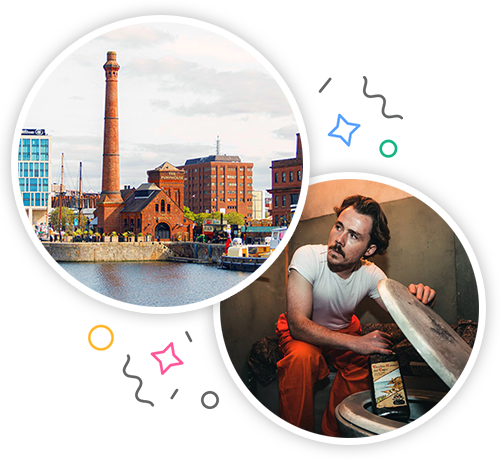 The river in Leeds and a group of lads enjoying a pint embedded within a party themed introduction image to stag activities in Leeds