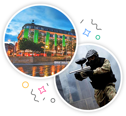 A building lit up and a man paintballing embedded within a party themed introduction image to stag activities in Manchester