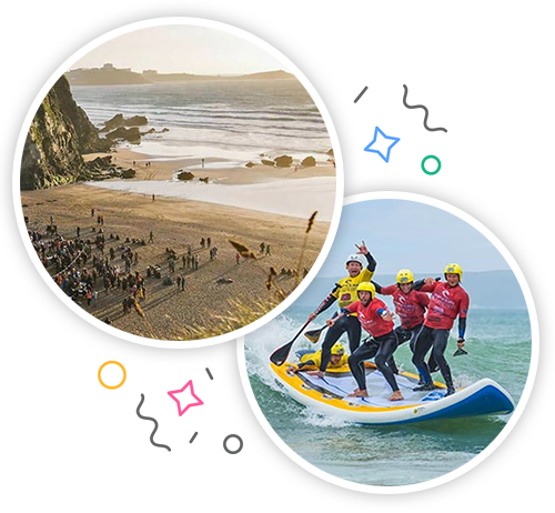 Newquay beach and a group of men standing on a big surfboard embedded within a party themed introduction image to stag activities in Newquay