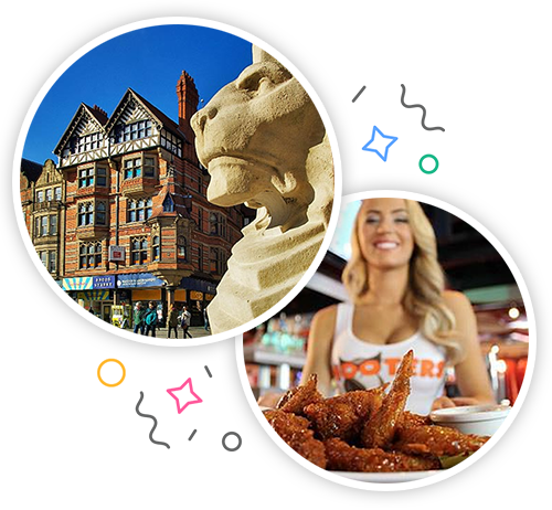 Old Market Square with the famous left lion statue and a hooters girl in front of a plate of chicken wings embedded within a party themed introduction image to stag activities in Nottingham