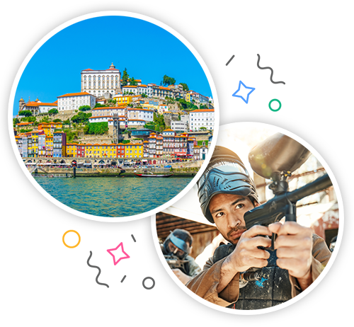 A view of Porto sitting on the water and a man paintballing embedded within a party themed introduction image to stag activities in Split