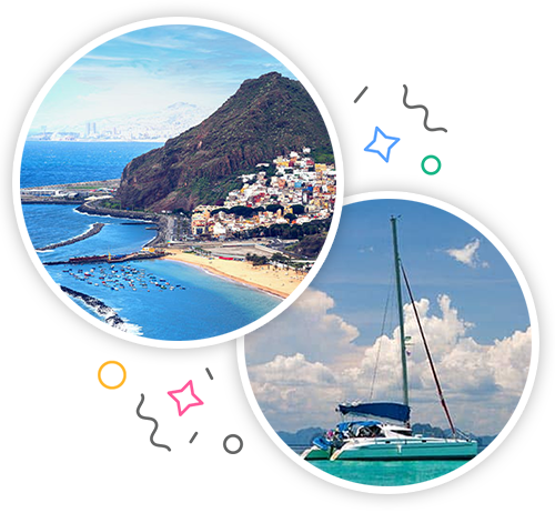 A faraway shot of Tenerife and the coast in daytime and a catamaran on the Atlantic embedded within a party themed introduction image to stag activities in Tenerife