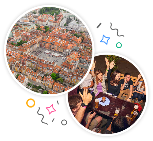 The city of Warsaw and some people gathered around a table doing a drinking game in a party graphic introduction to stag activities in Warsaw