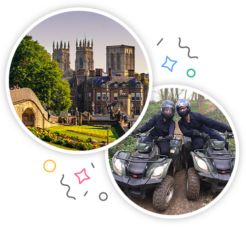 A pretty view of York, including York Minster, and two men on quadbikes in a forest embedded within a party themed introduction image to stag activities in York