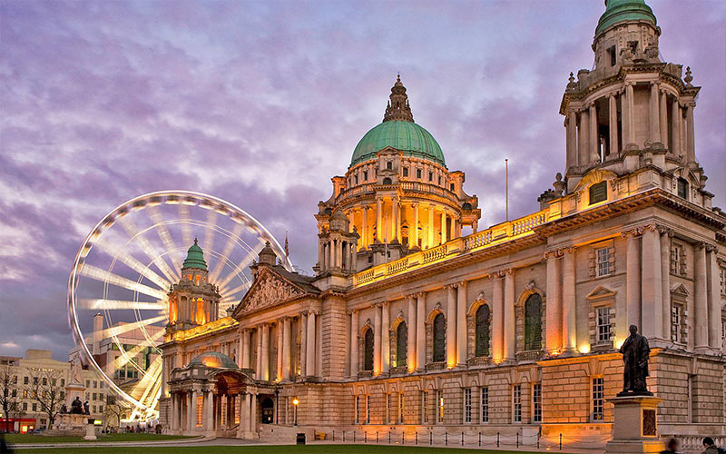 Belfast city centre illuminated at dusk