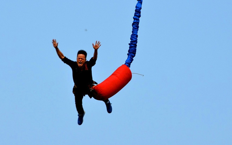 A stag bungee jumping