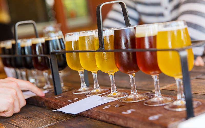 Some beer samples lined up on a bench