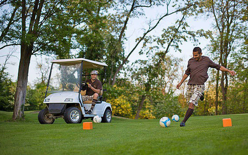 Two stags playing footgolf