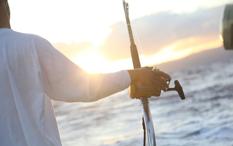 A man's hand on a fishing rod, to a backdrop of the sea