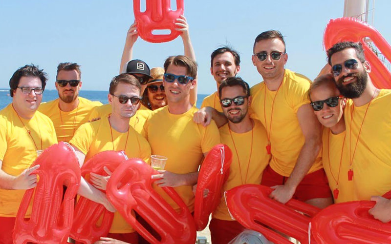 A group of lads wearing Baywatch costumes in Magaluf 
