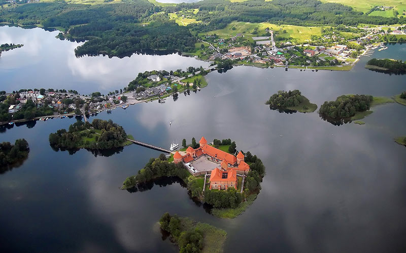 An aerial view of Trakai castle